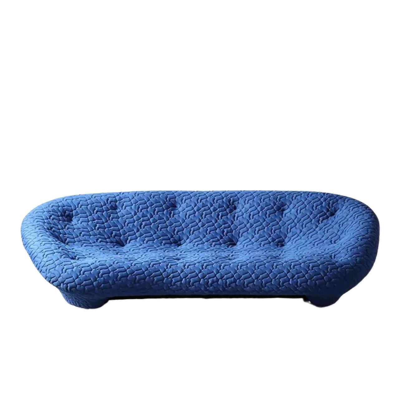 Blue minimalist shell sofa with 5D spacer fabric, multi-seater curved couch featuring soft cushions