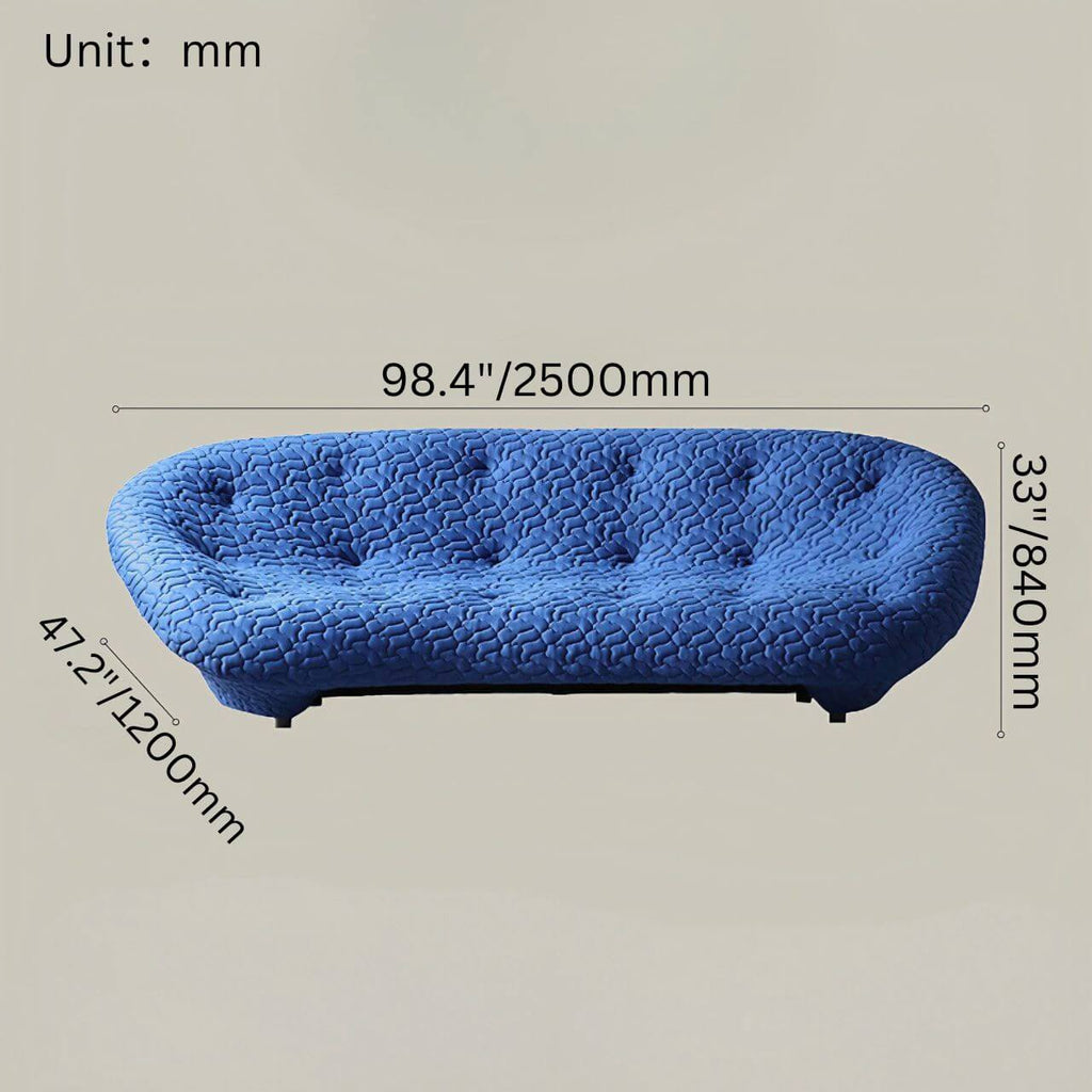 Blue minimalist shell sofa with 5D spacer fabric, multi-seater curved couch featuring soft cushions dimensions