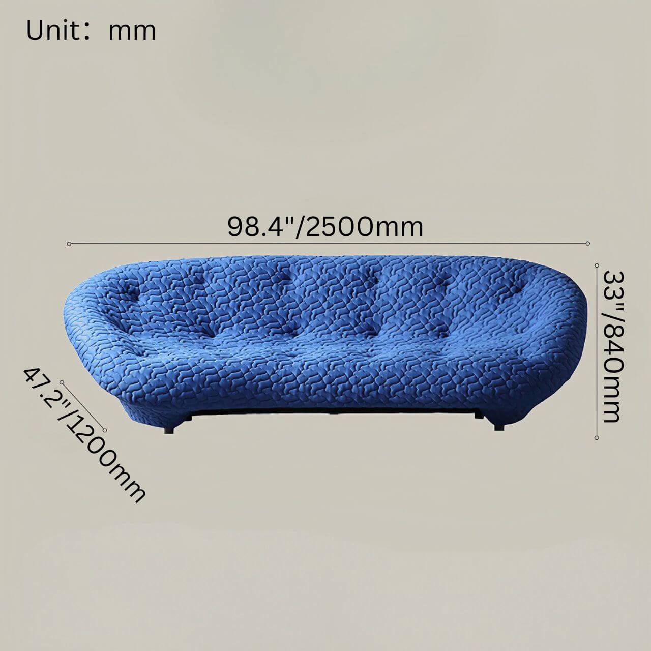 Blue minimalist shell sofa with 5D spacer fabric, multi-seater curved couch featuring soft cushions dimensions
