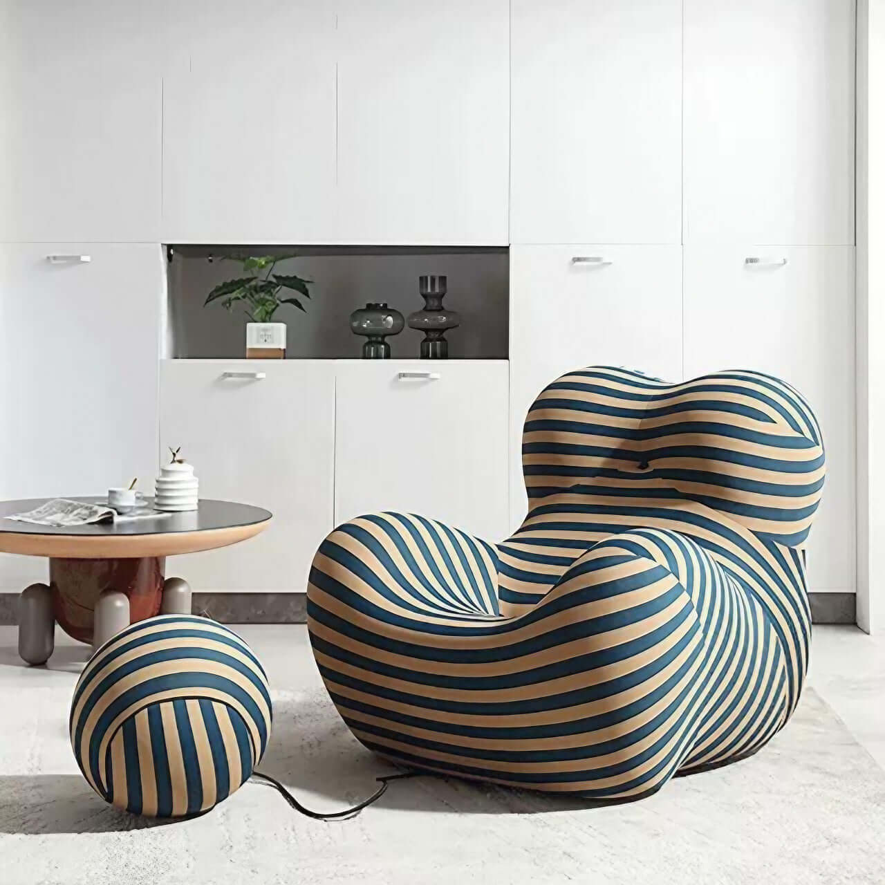 Single sofa lazy couch with blue and yellow striped ice silk fabric for creative comfort main product image