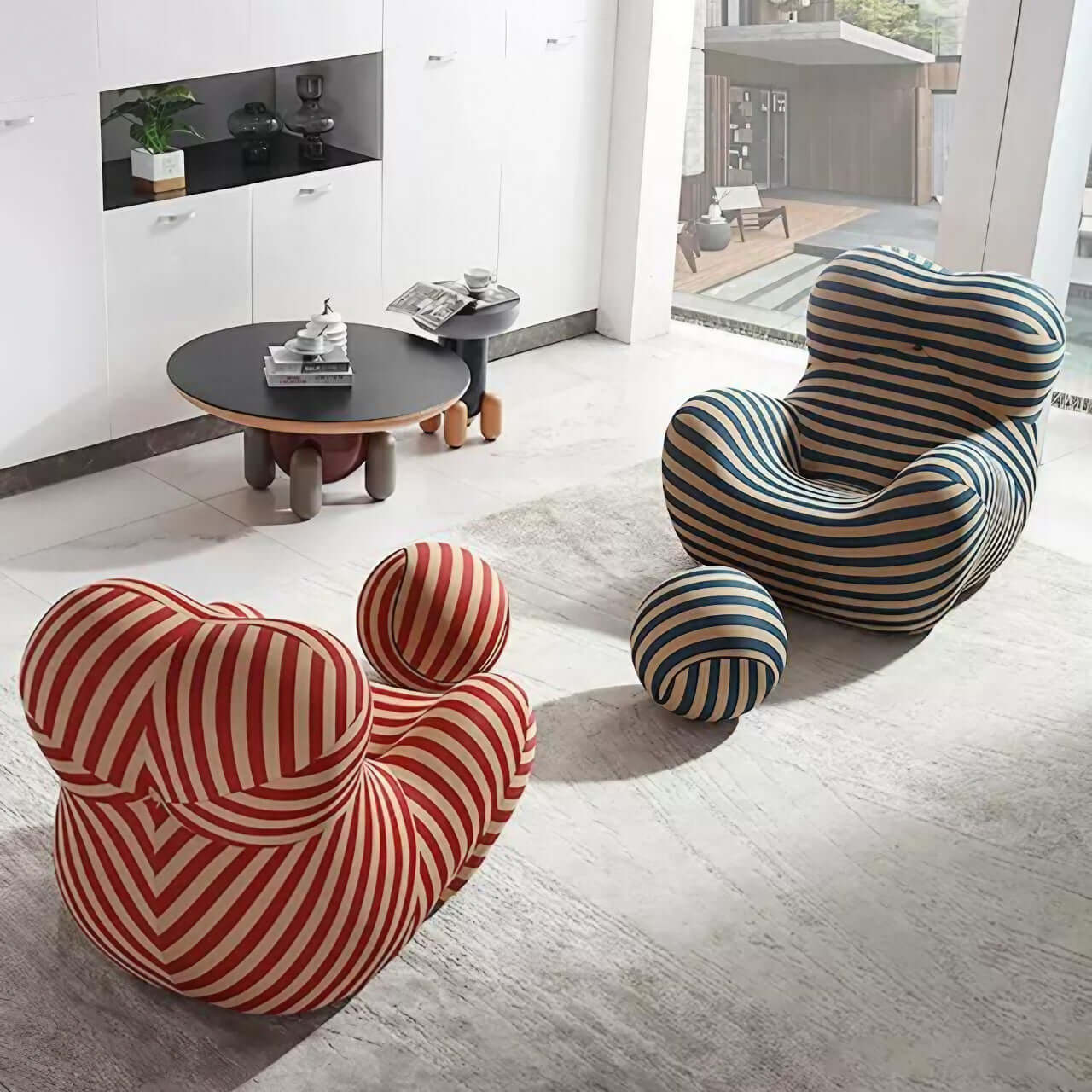 Single sofa lazy couch with blue and yellow striped ice silk fabric for creative comfort