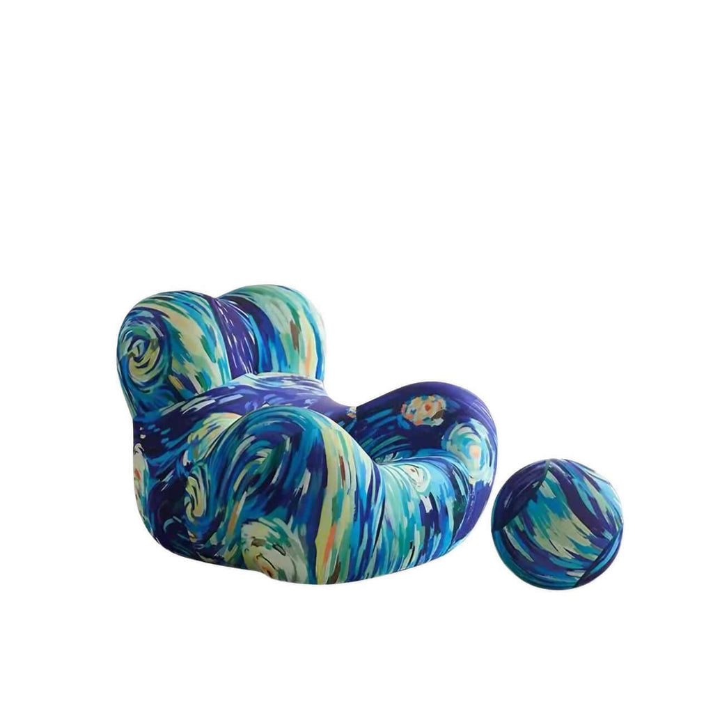 Single sofa lazy couch with blue and yellow striped ice silk fabric for creative comfort