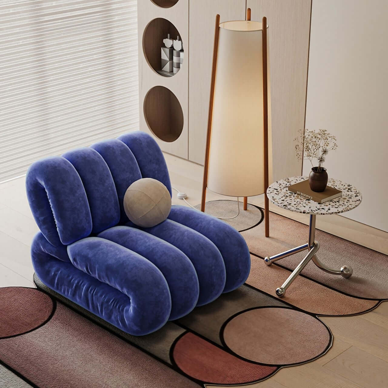 Single leisure chair in blue frosted velvet with a creative lazy sofa design main product image