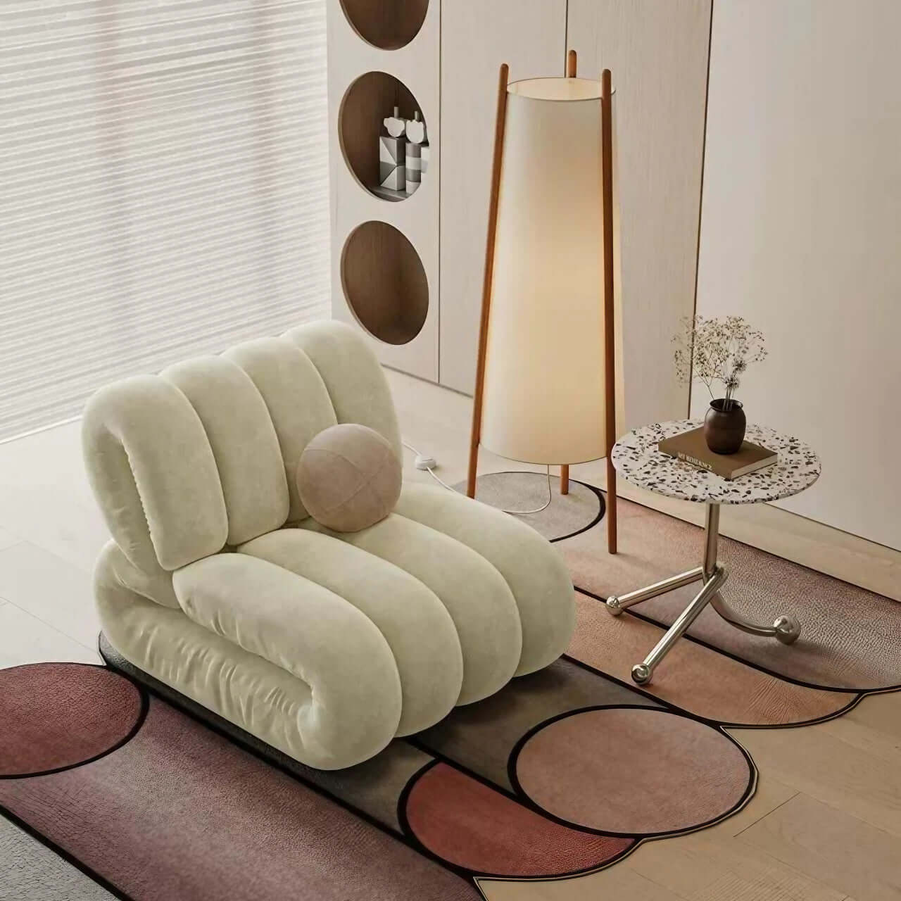 Single leisure chair in blue frosted velvet with a creative lazy sofa design