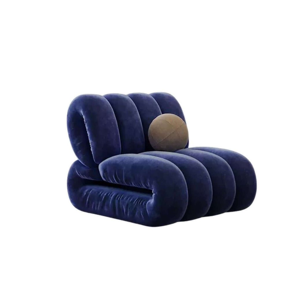 Single leisure chair in blue frosted velvet with a creative lazy sofa design
