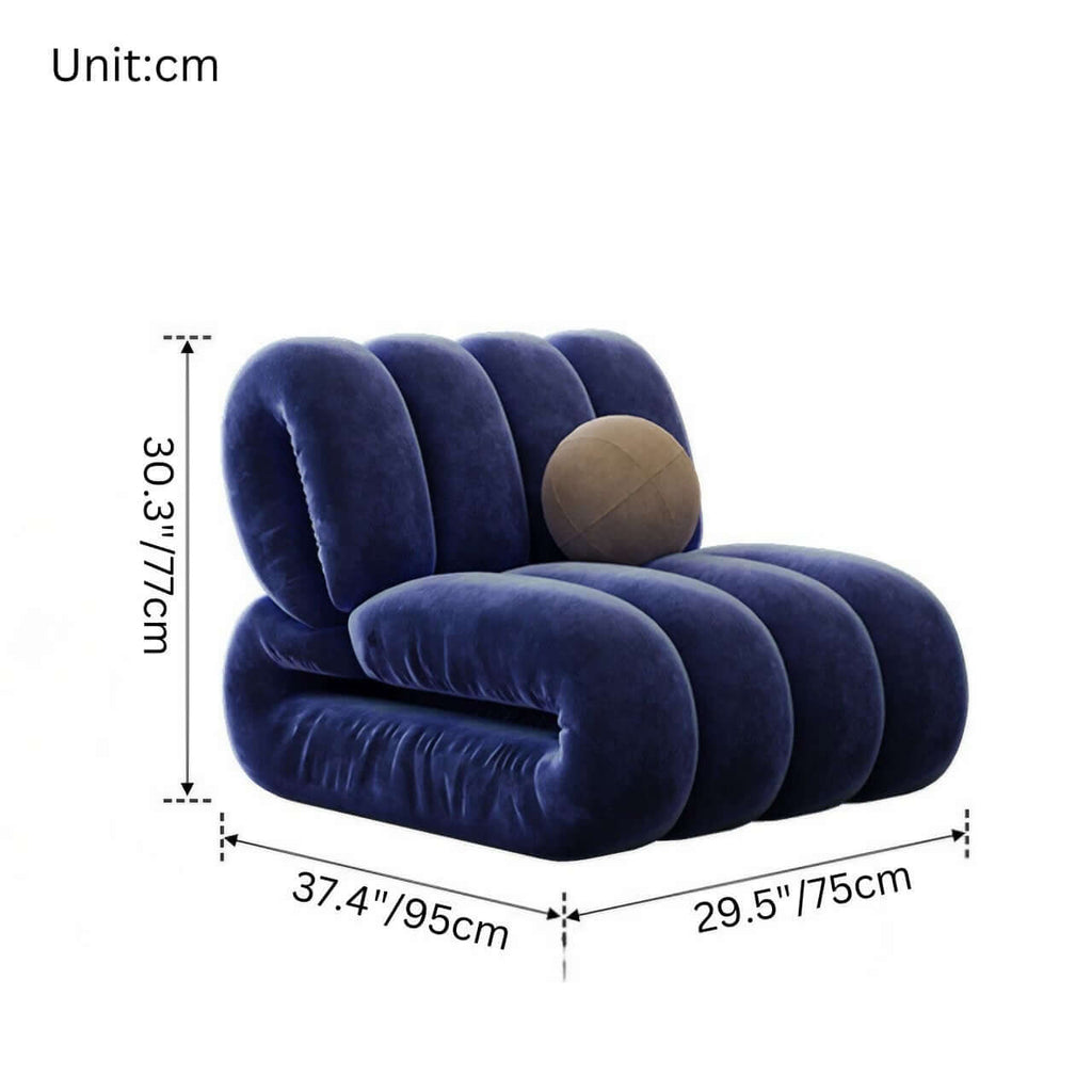 Single leisure chair in blue frosted velvet with a creative lazy sofa design dimensions