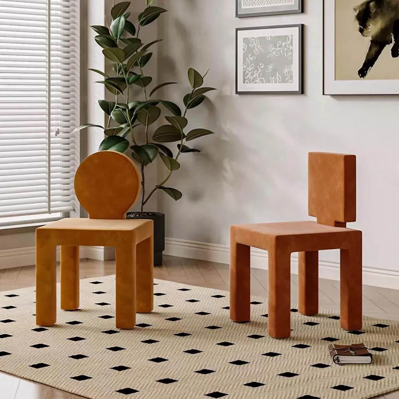 Blue matte velvet poker chair with creative artistic shape for leisure seating