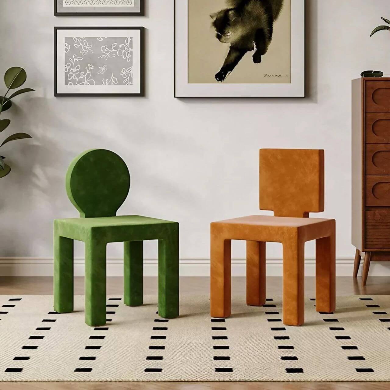 Blue matte velvet poker chair with creative artistic shape for leisure seating