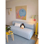 Blue White Plaid Sofa With Rolled Back, Creamy Retro Loft Lounge