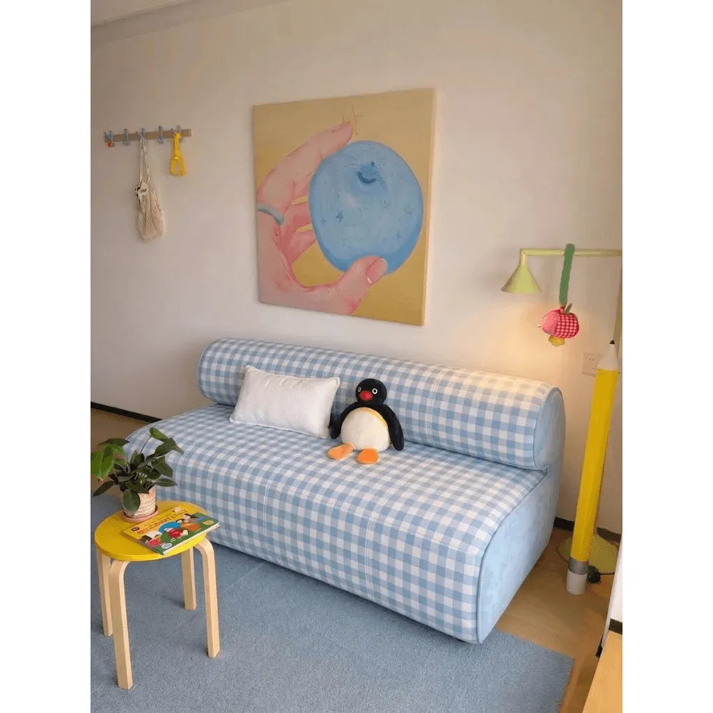 Blue White Plaid Sofa With Rolled Back, Creamy Retro Loft Lounge