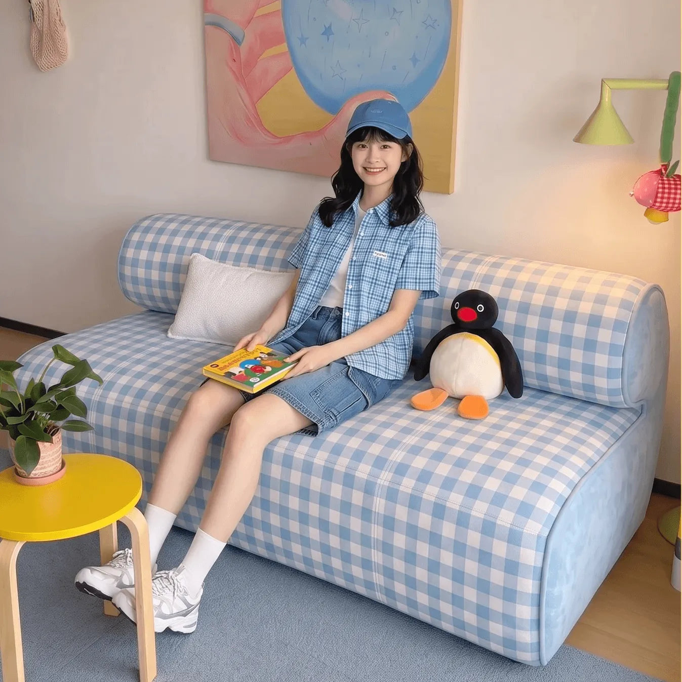Blue White Plaid Sofa With Rolled Back, Creamy Retro Loft Lounge Main Product Image