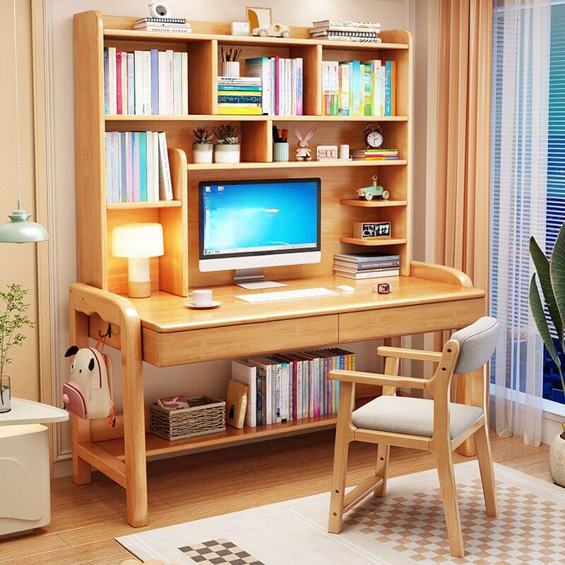 Blue Wooden Kids Writing Desk with Hutch, Drawers and Open Shelving
