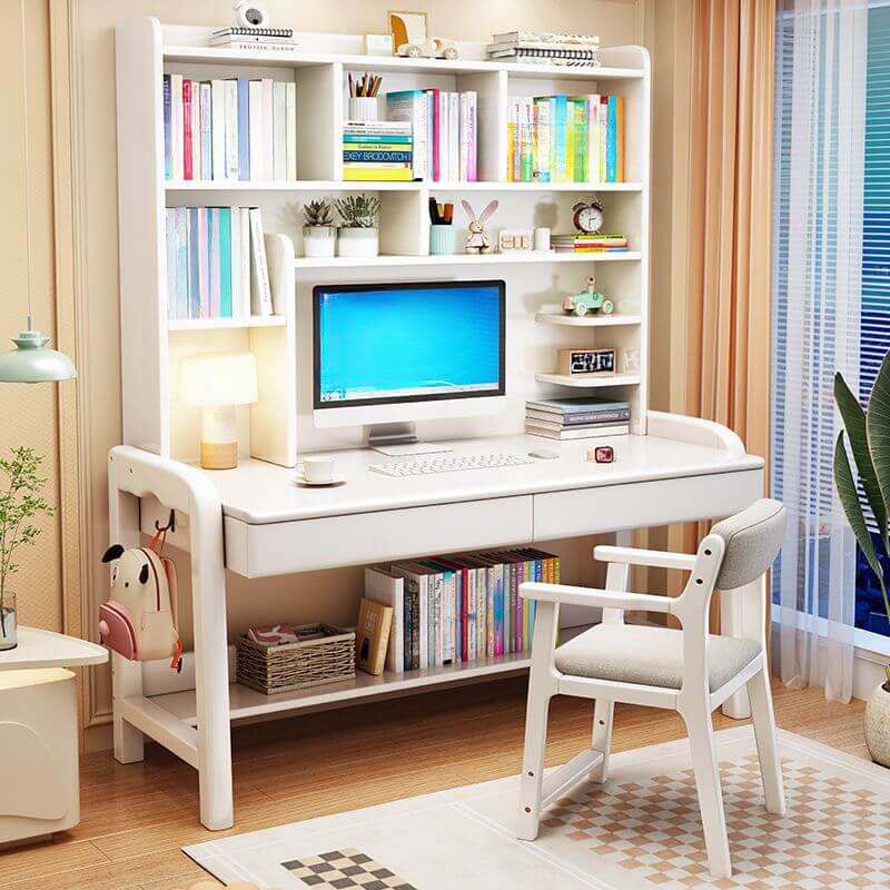 Blue Wooden Kids Writing Desk with Hutch, Drawers and Open Shelving