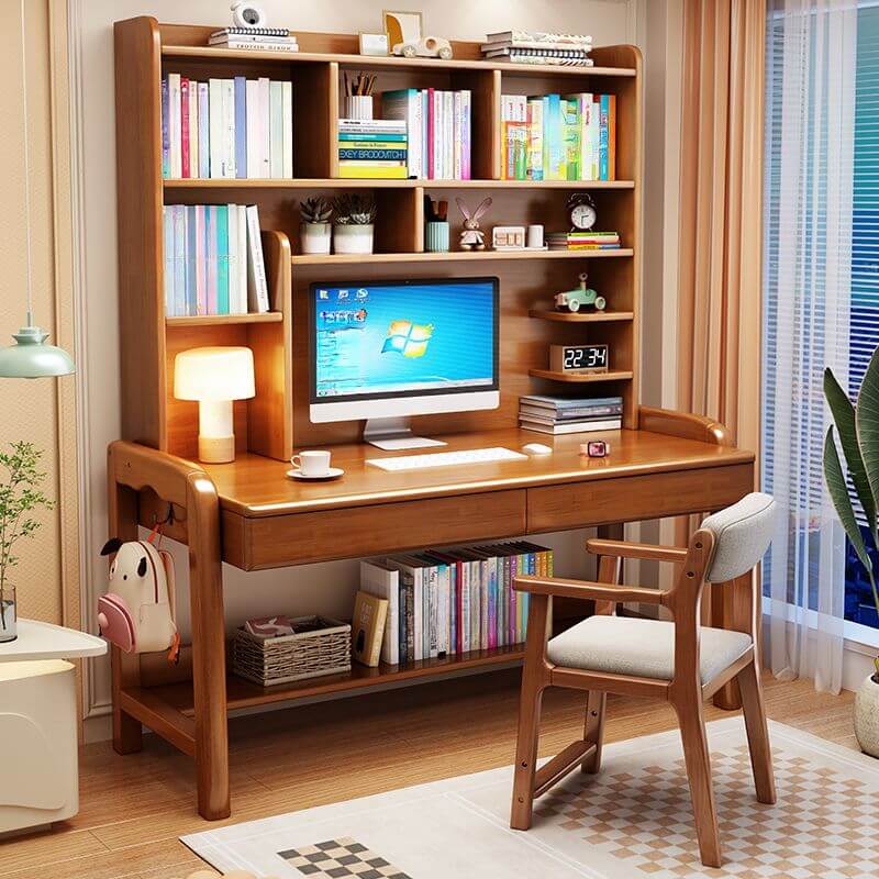 Blue Wooden Kids Writing Desk with Hutch, Drawers and Open Shelving