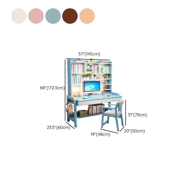 Blue Wooden Kids Writing Desk with Hutch, Drawers and Open Shelving Dimensions