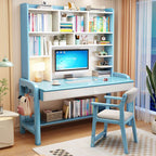 Blue Wooden Kids Writing Desk with Hutch, Drawers and Open Shelving Main Product Image
