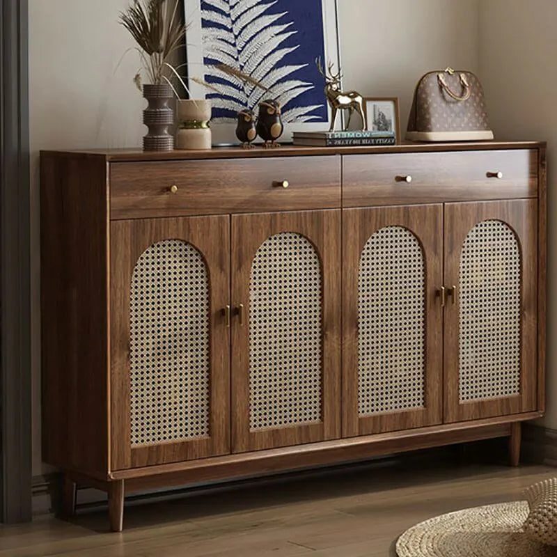 Bohemian Brown Wood Shoe Cabinet with Adjustable Shelves & Woven Doors