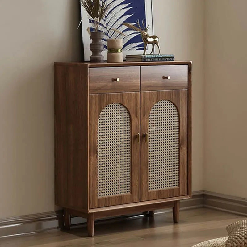 Bohemian Brown Wood Shoe Cabinet with Adjustable Shelves & Woven Doors