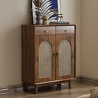 Bohemian Brown Wood Shoe Cabinet with Adjustable Shelves & Woven Doors