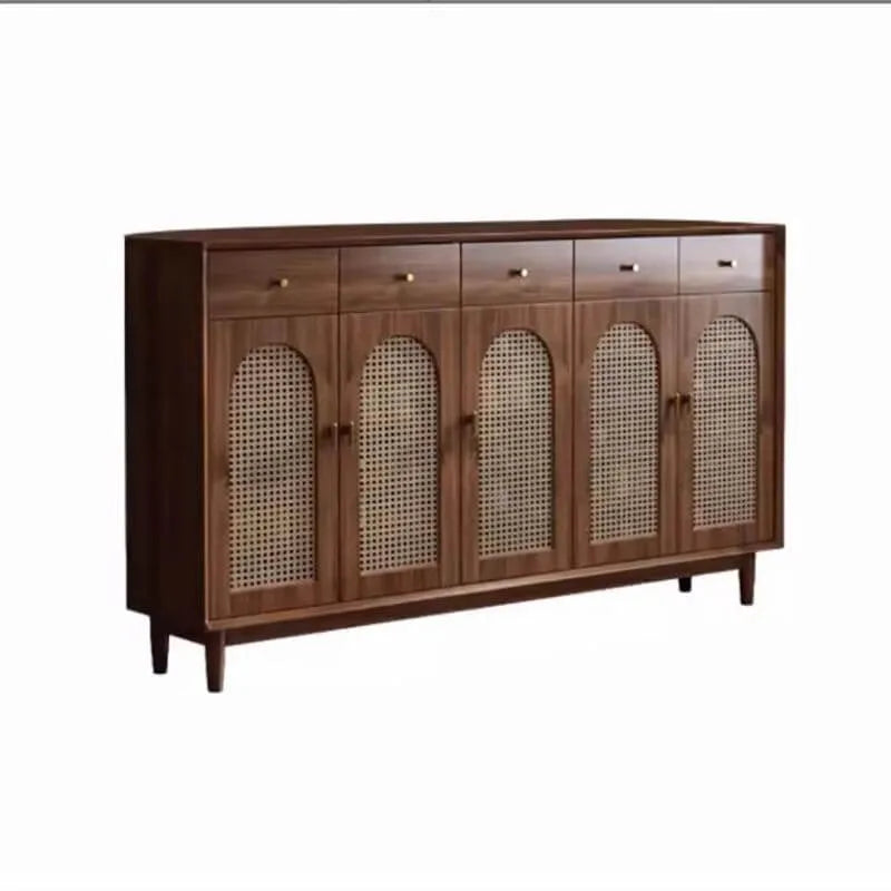 Bohemian Brown Wood Shoe Cabinet with Adjustable Shelves & Woven Doors
