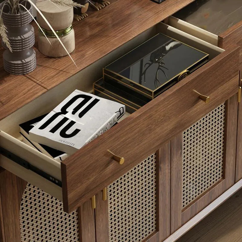 Bohemian Brown Wood Shoe Cabinet with Adjustable Shelves & Woven Doors