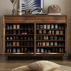 Bohemian Brown Wood Shoe Cabinet with Adjustable Shelves & Woven Doors