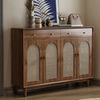Bohemian Brown Wood Shoe Cabinet with Adjustable Shelves & Woven Doors