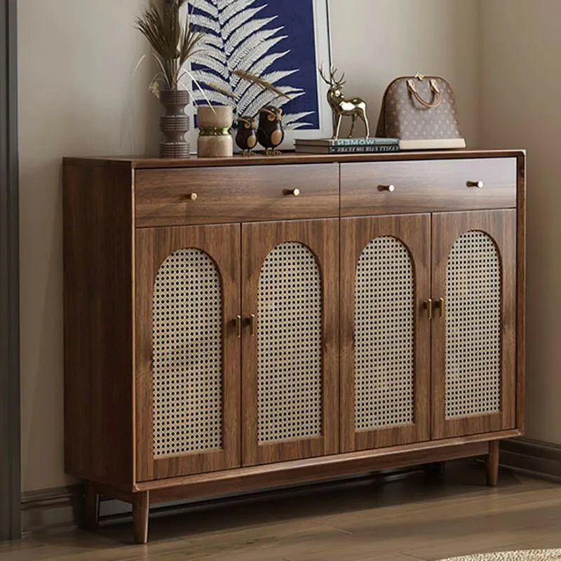 Bohemian Brown Wood Shoe Cabinet with Adjustable Shelves & Woven Doors
