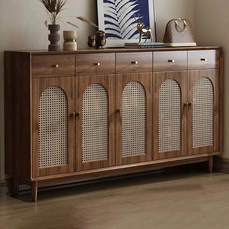 Bohemian Brown Wood Shoe Cabinet with Adjustable Shelves & Woven Doors