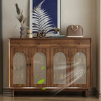 Bohemian Brown Wood Shoe Cabinet with Adjustable Shelves & Woven Doors
