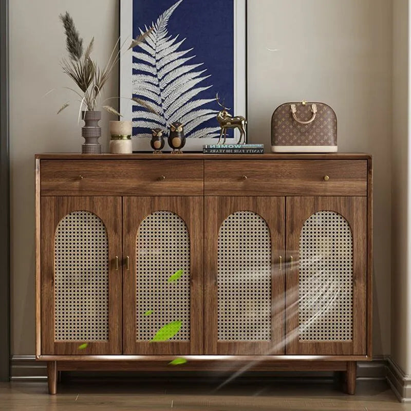 Bohemian Brown Wood Shoe Cabinet with Adjustable Shelves & Woven Doors