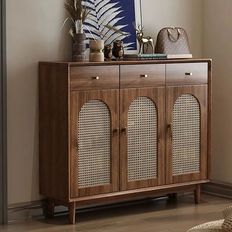 Bohemian Brown Wood Shoe Cabinet with Adjustable Shelves & Woven Doors