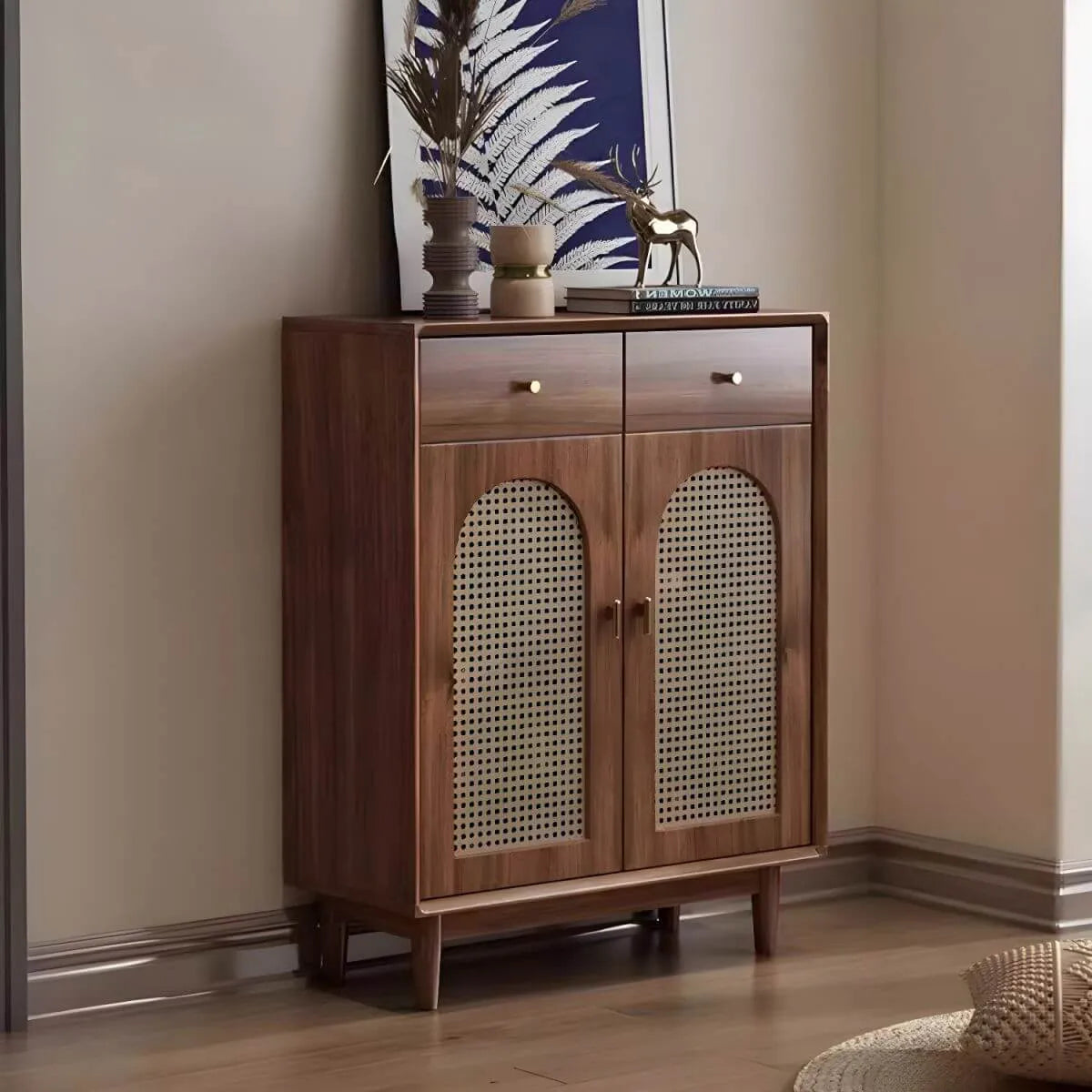 Bohemian Brown Wood Shoe Cabinet with Adjustable Shelves & Woven Doors Secondary image