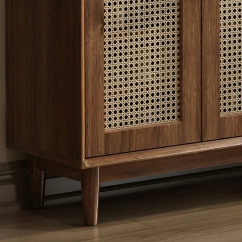 Bohemian Brown Wood Shoe Cabinet with Adjustable Shelves & Woven Doors