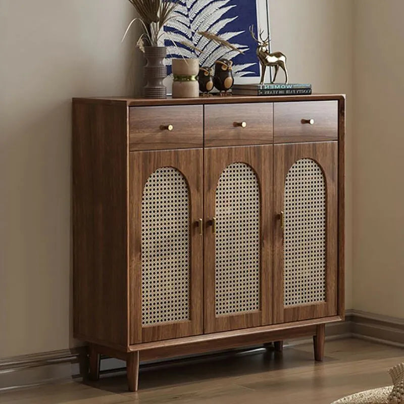 Bohemian Brown Wood Shoe Cabinet with Adjustable Shelves & Woven Doors