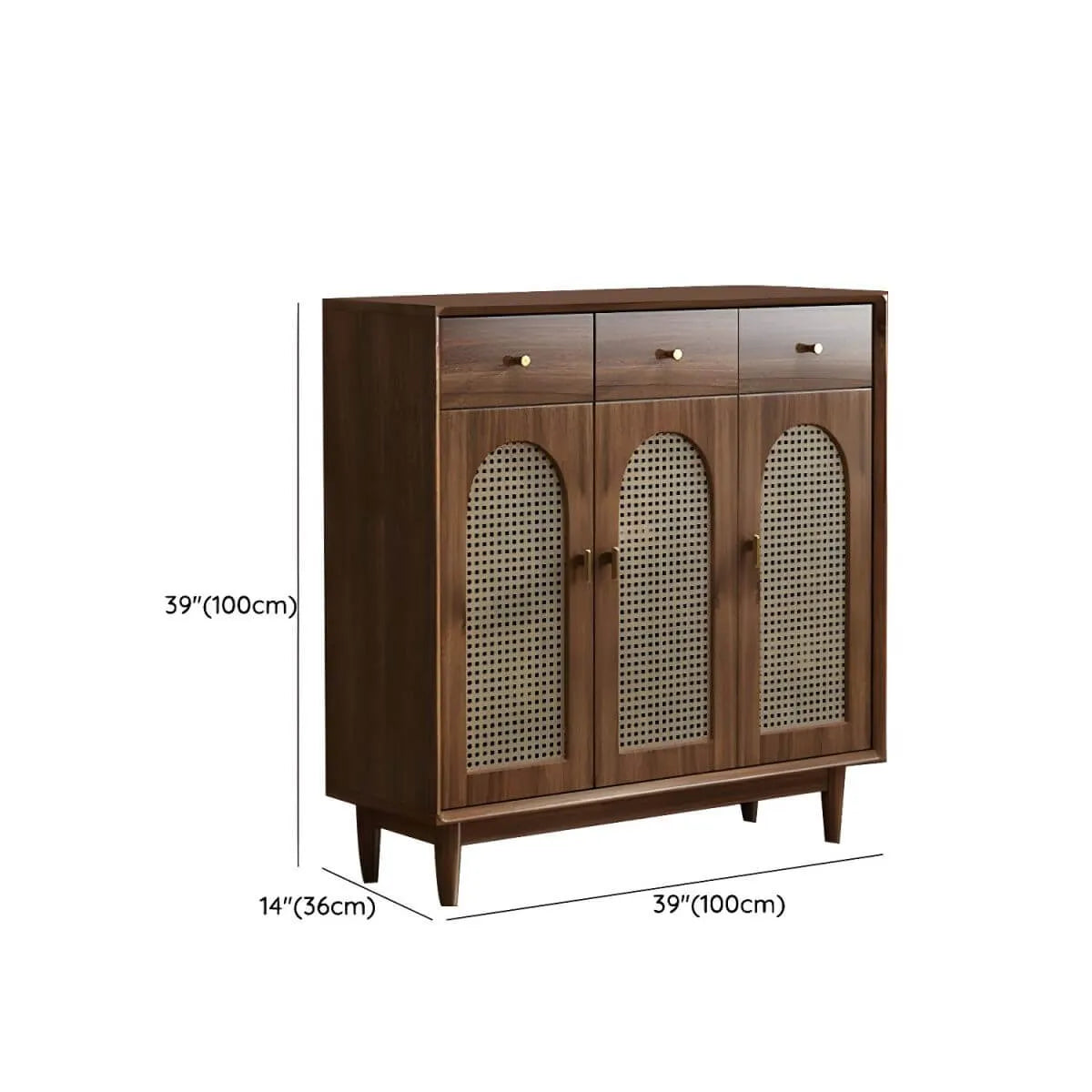 Bohemian Brown Wood Shoe Cabinet with Adjustable Shelves & Woven Doors Dimensions
