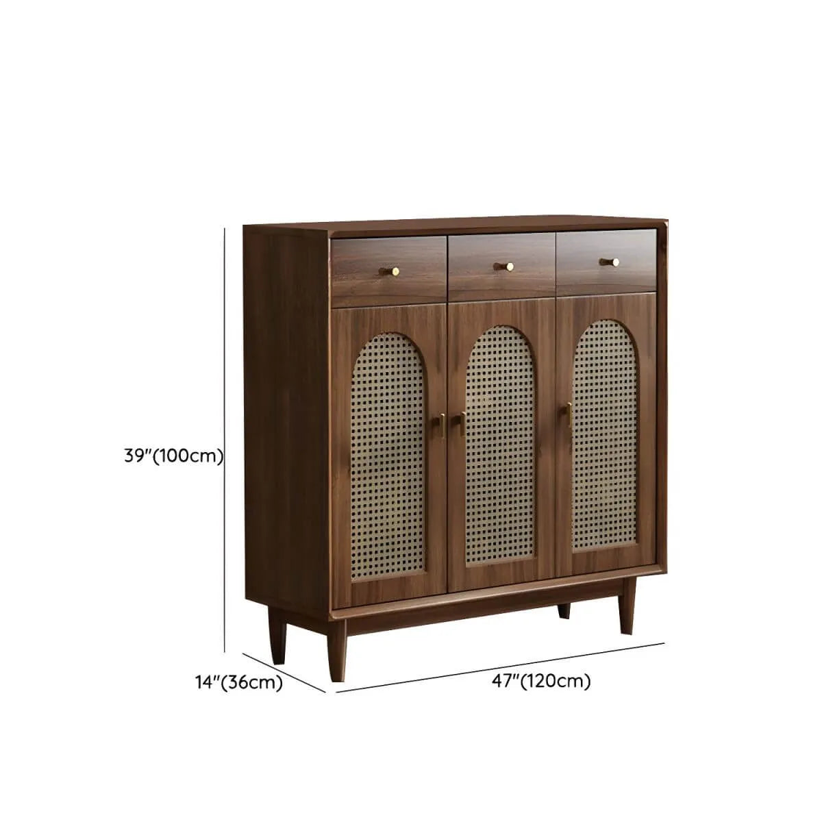 Bohemian Brown Wood Shoe Cabinet with Adjustable Shelves & Woven Doors Dimensions