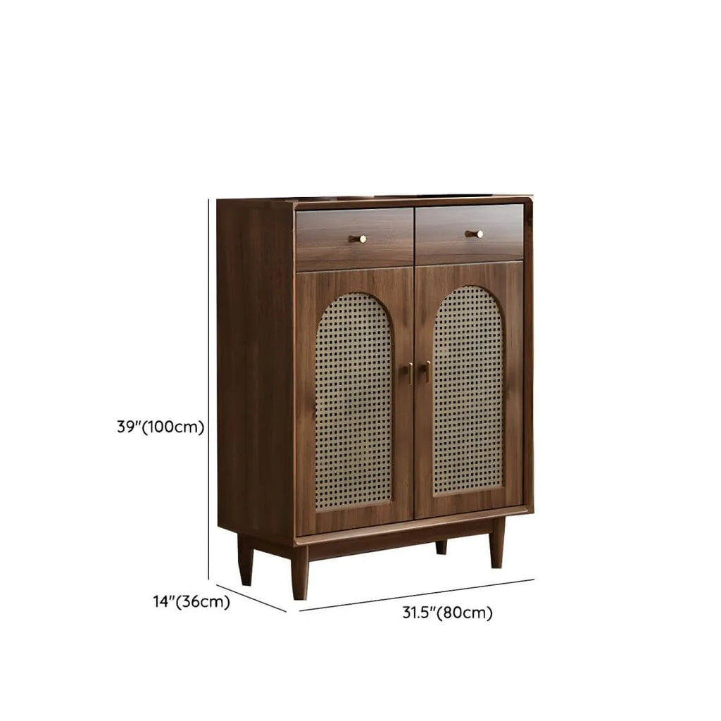 Bohemian Brown Wood Shoe Cabinet with Adjustable Shelves & Woven Doors Dimensions