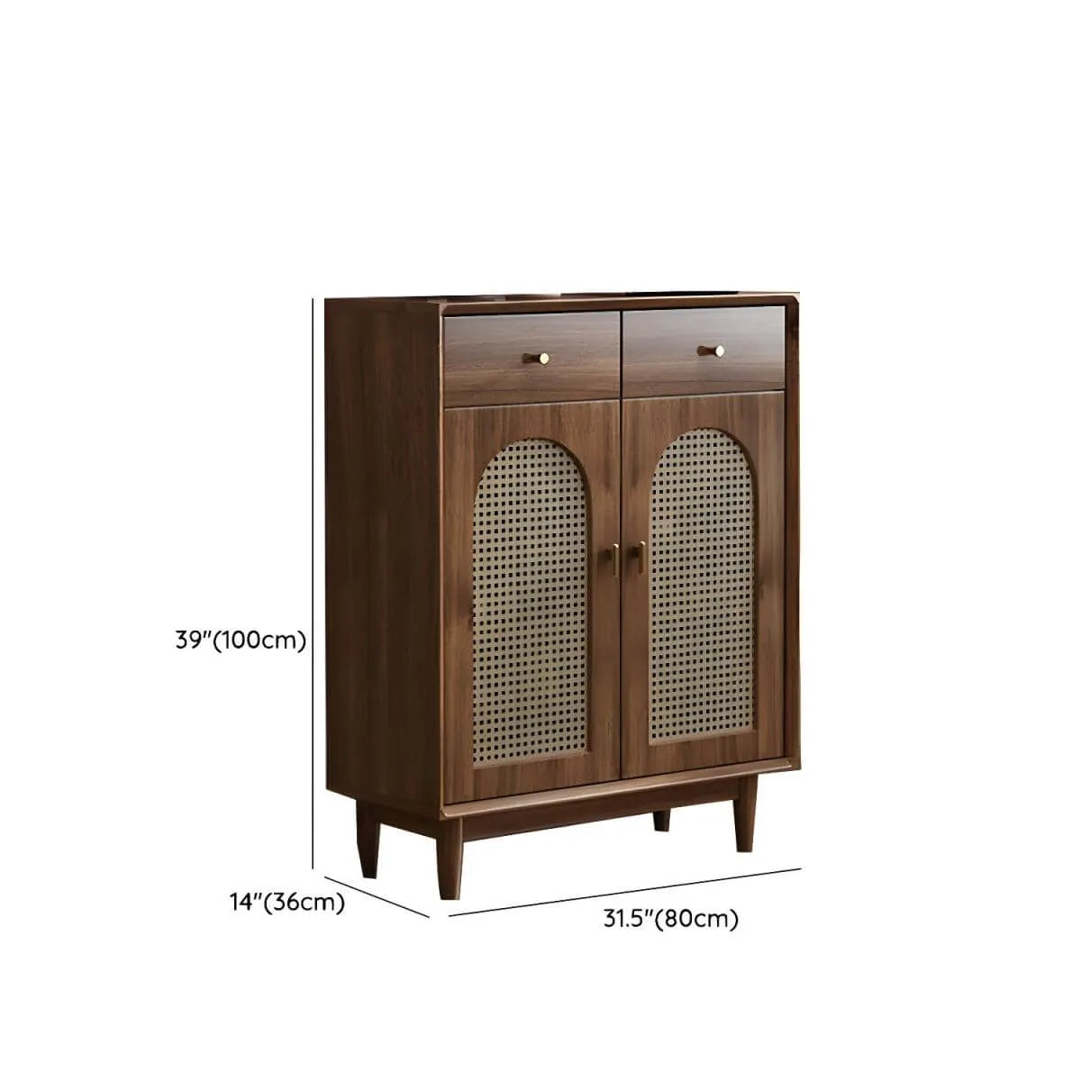 Bohemian Brown Wood Shoe Cabinet with Adjustable Shelves & Woven Doors Dimensions