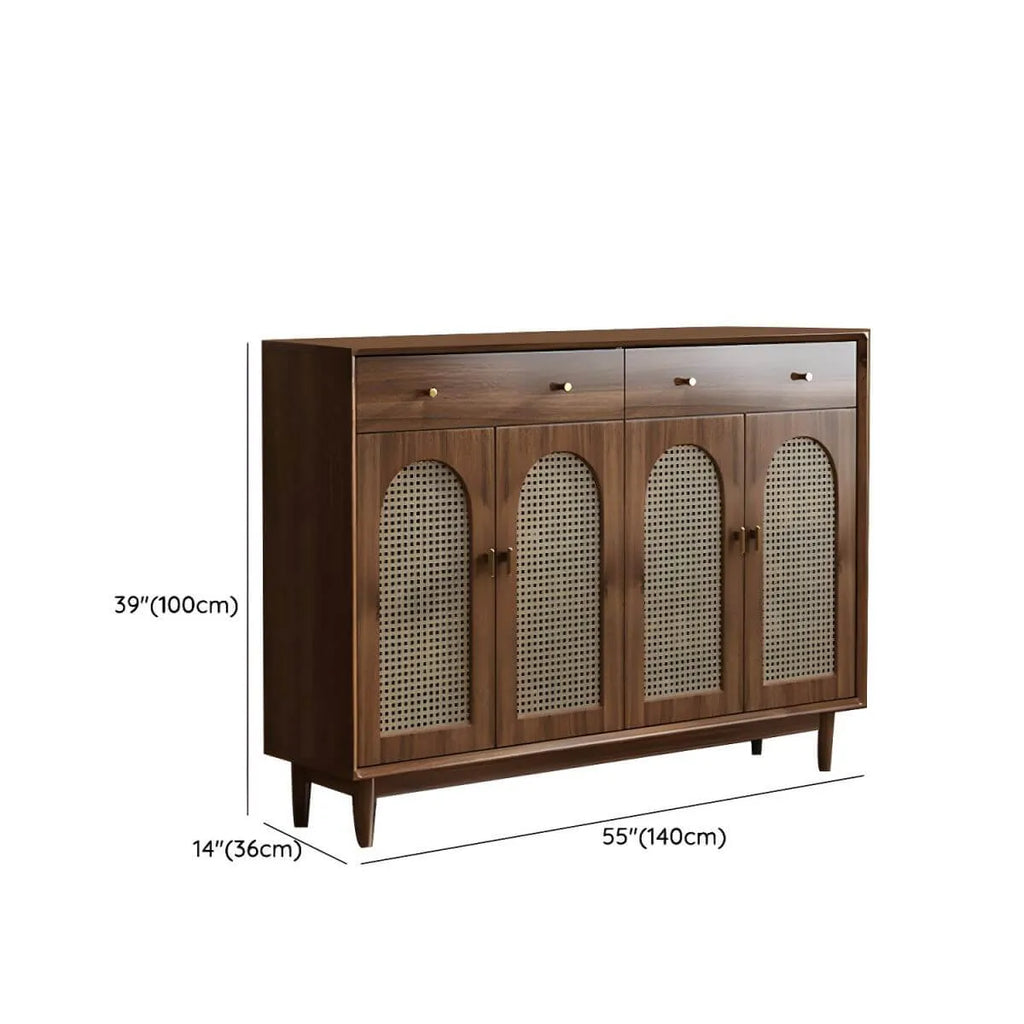 Bohemian Brown Wood Shoe Cabinet with Adjustable Shelves & Woven Doors Dimensions