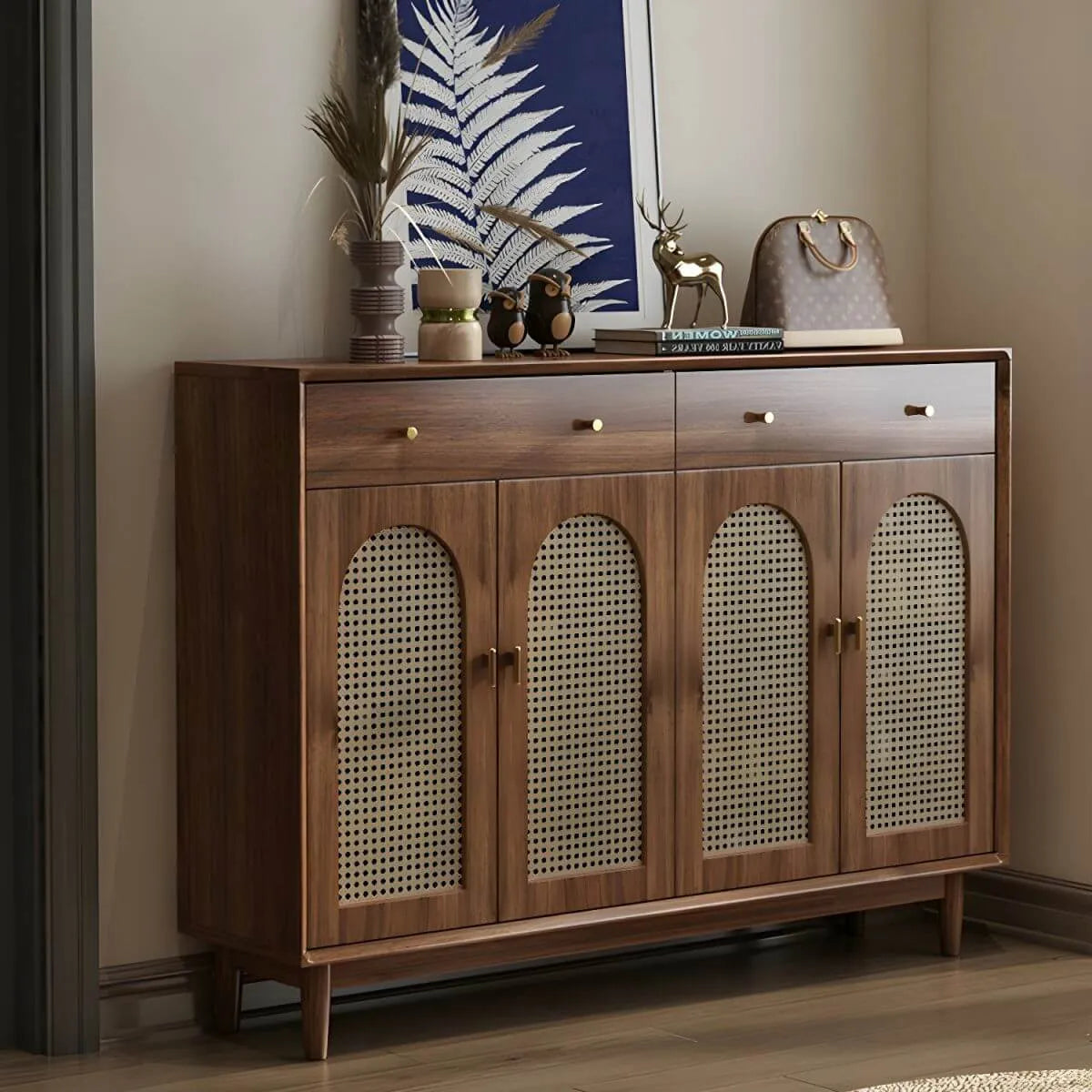 Bohemian Brown Wood Shoe Cabinet with Adjustable Shelves & Woven Doors Main Product Image