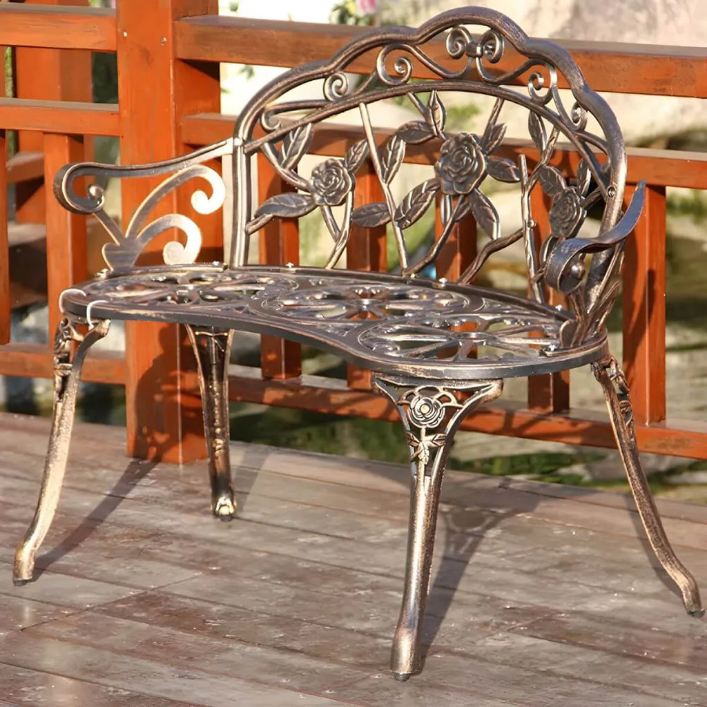 Bohemian Cast Iron Garden Bench with Floral Backrest & Rust-Resistant Finish