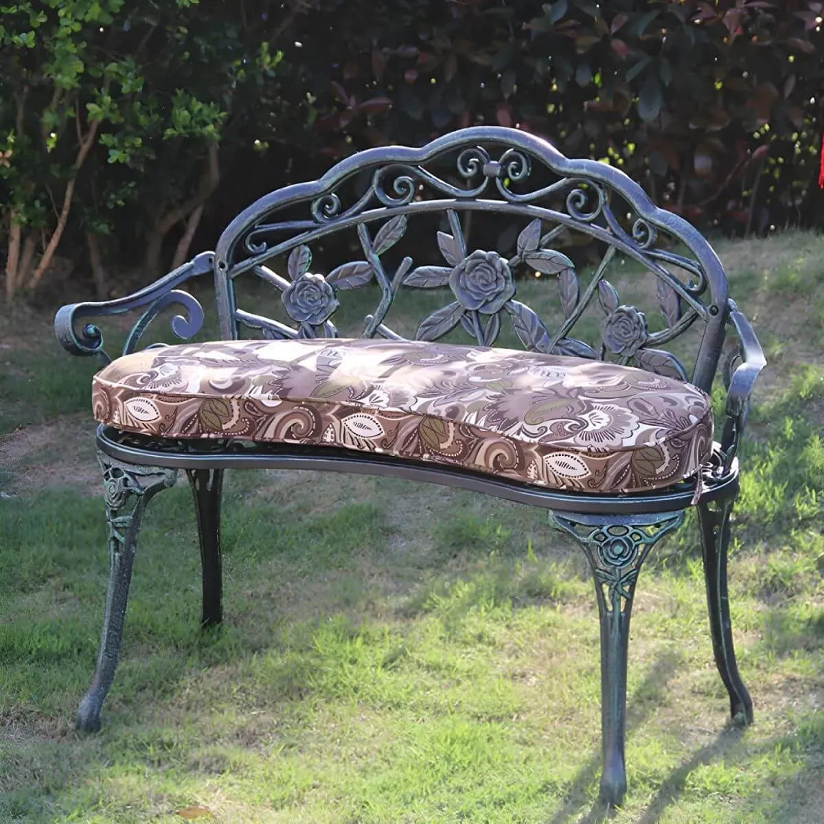 Bohemian Cast Iron Garden Bench with Floral Backrest & Rust-Resistant Finish