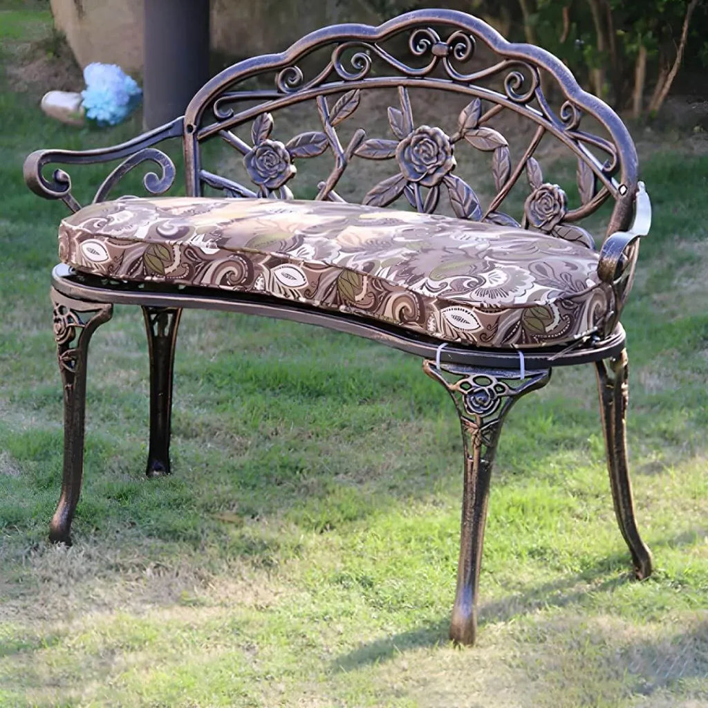 Bohemian Cast Iron Garden Bench with Floral Backrest & Rust-Resistant Finish