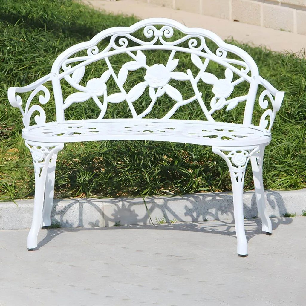 Bohemian Cast Iron Garden Bench with Floral Backrest & Rust-Resistant Finish