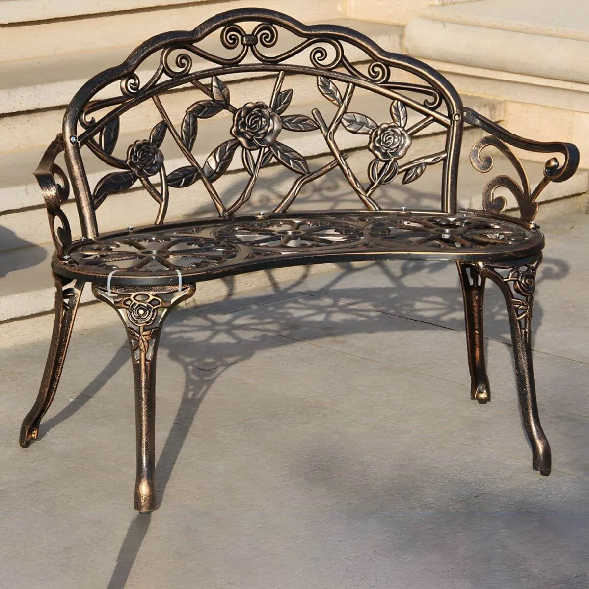 Bohemian Cast Iron Garden Bench with Floral Backrest & Rust-Resistant Finish
