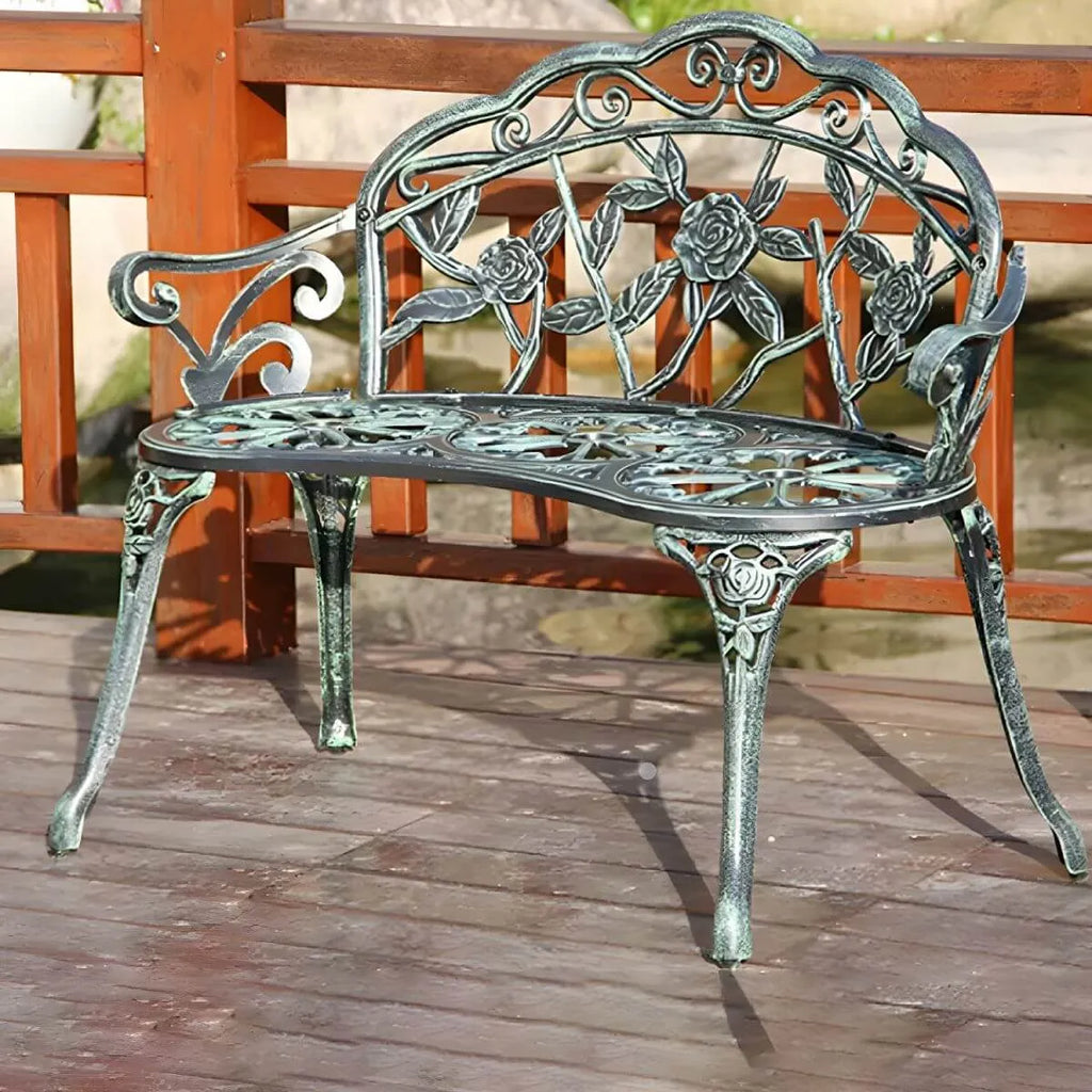 Bohemian Cast Iron Garden Bench with Floral Backrest & Rust-Resistant Finish