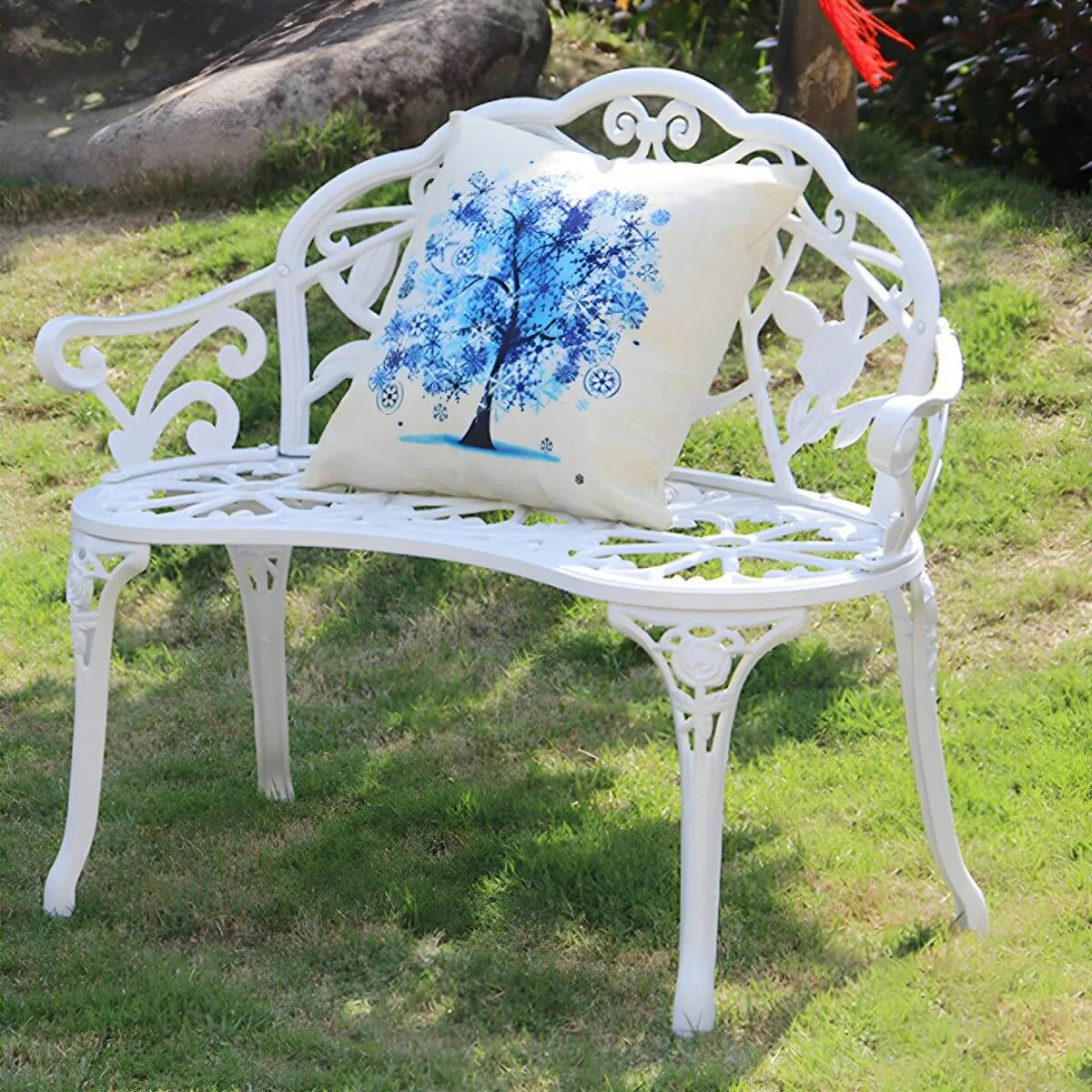 Bohemian Cast Iron Garden Bench with Floral Backrest & Rust-Resistant Finish