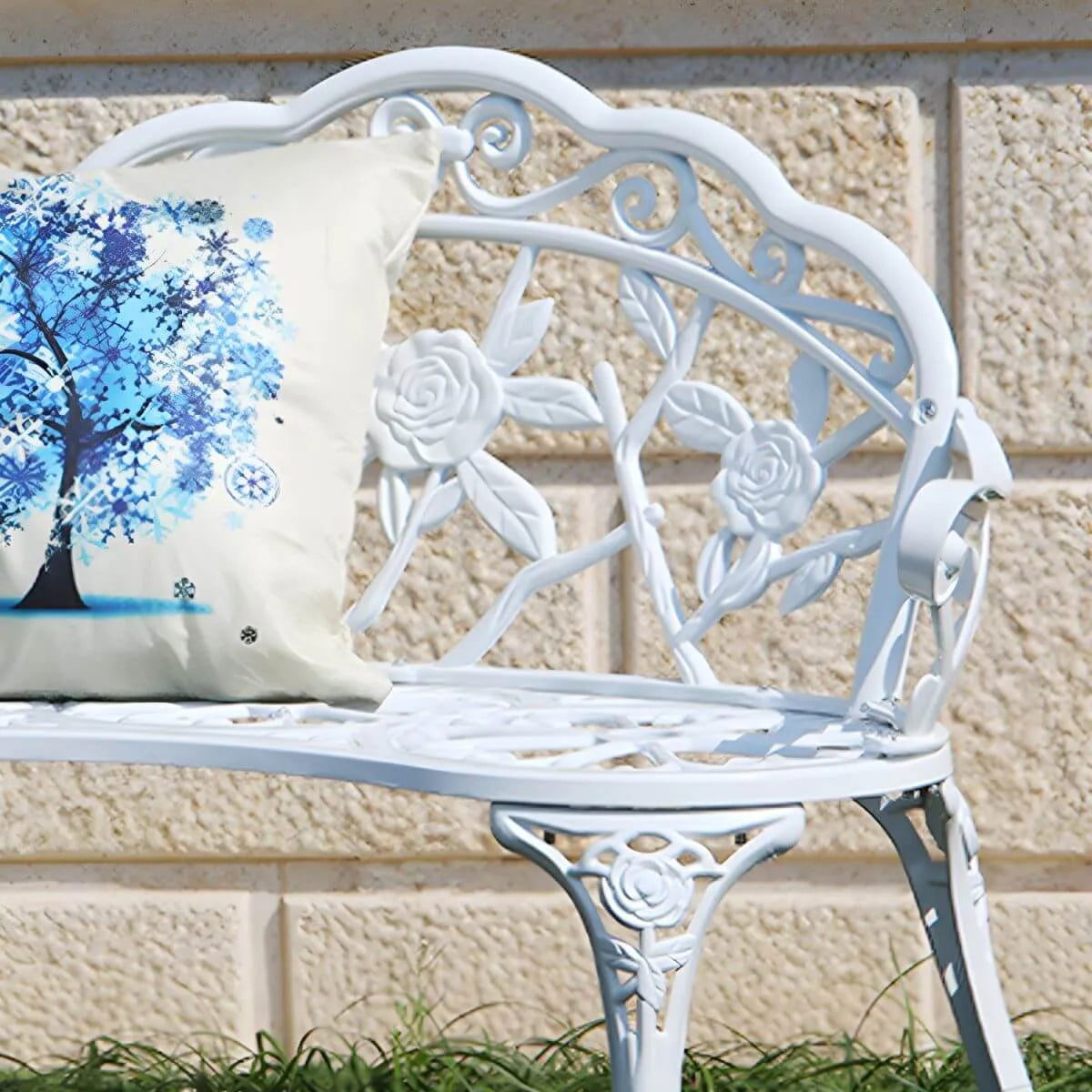 Bohemian Cast Iron Garden Bench with Floral Backrest & Rust-Resistant Finish