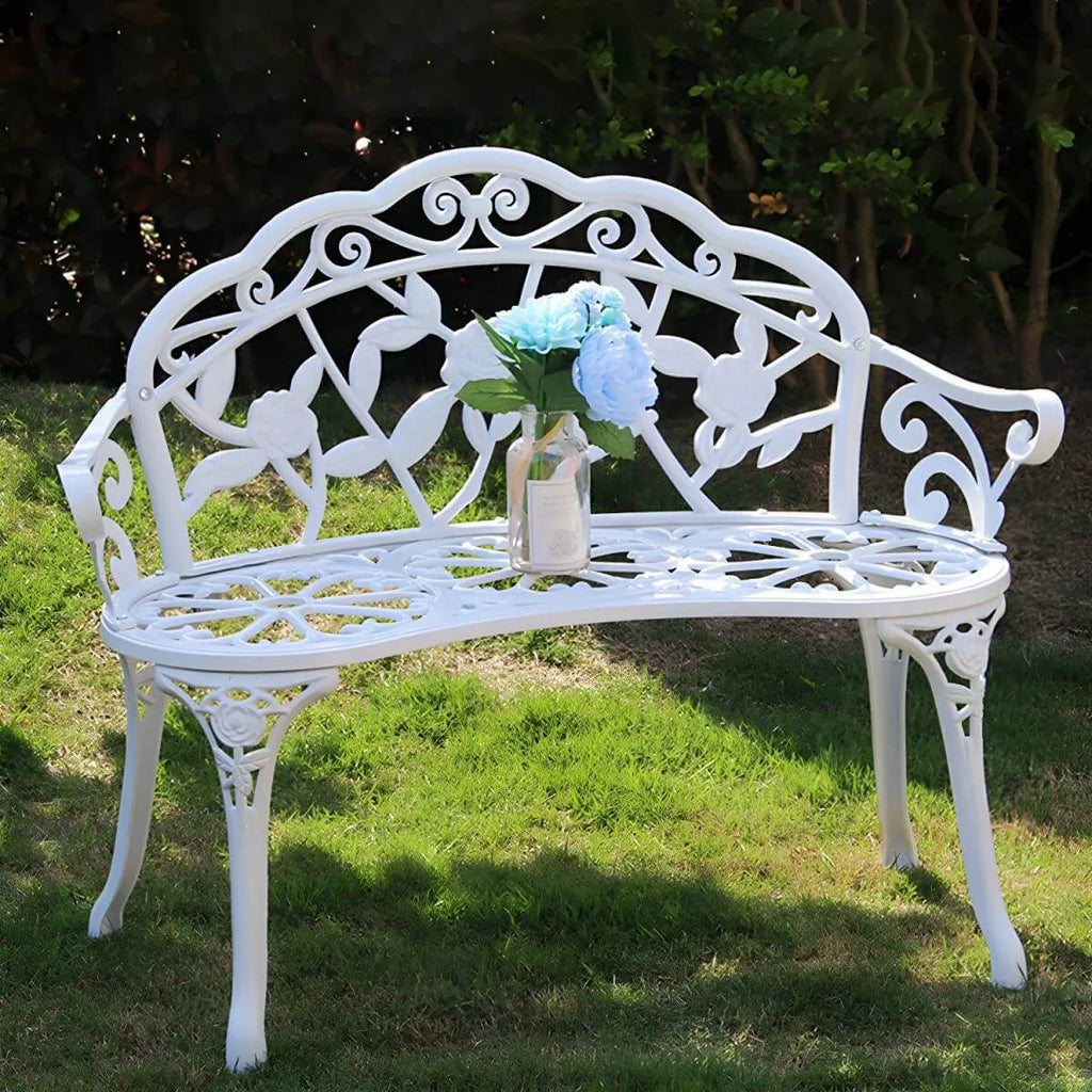 Bohemian Cast Iron Garden Bench with Floral Backrest & Rust-Resistant Finish Main Product Image